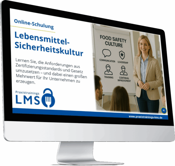 Monitor mit Schulung „Lebensmittelsicherheitskultur“ von Praxistrainings LMS, daneben eine Trainerin vor einem Flipchart mit Symbolen zu Kommunikation, Training, Führung und Verbesserung.