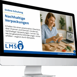 Teilnehmerin einer Online-Schulung zu nachhaltigen Verpackungen. Sie prüft verschiedene umweltfreundliche Verpackungsmaterialien an einem Schreibtisch, auf dem auch ein Laptop mit der Aufschrift „Sustainable Packaging Seminar“ steht.