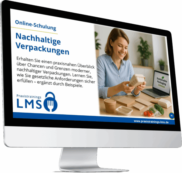 Teilnehmerin einer Online-Schulung zu nachhaltigen Verpackungen. Sie prüft verschiedene umweltfreundliche Verpackungsmaterialien an einem Schreibtisch, auf dem auch ein Laptop mit der Aufschrift „Sustainable Packaging Seminar“ steht.