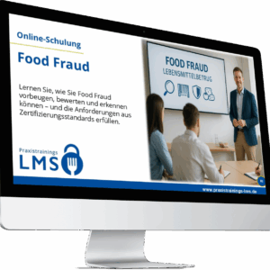 Monitor mit Schulung „Food Fraud“ von Praxistrainings LMS, daneben ein Trainer vor einer Präsentation zum Thema Lebensmittelbetrug.