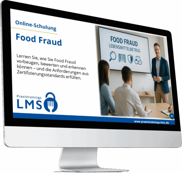 Monitor mit Schulung „Food Fraud“ von Praxistrainings LMS, daneben ein Trainer vor einer Präsentation zum Thema Lebensmittelbetrug.
