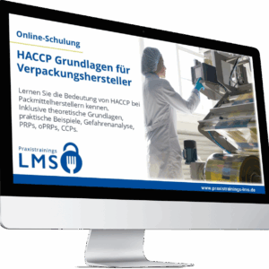 Monitor mit Schulung „HACCP Grundlagen für Verpackungshersteller“ von Praxistrainings LMS, daneben eine Mitarbeiterin in Hygienekleidung an einer Verpackungsmaschine.