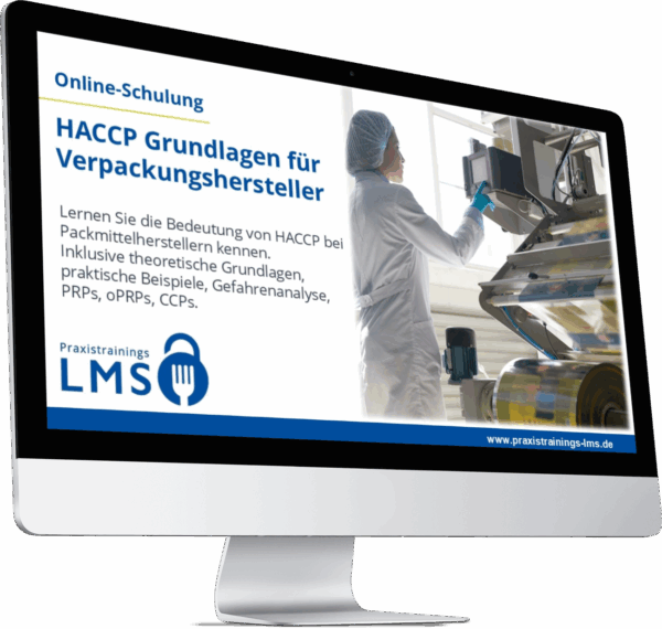 Monitor mit Schulung „HACCP Grundlagen für Verpackungshersteller“ von Praxistrainings LMS, daneben eine Mitarbeiterin in Hygienekleidung an einer Verpackungsmaschine.