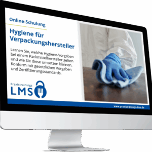 Monitor mit Schulung „Hygiene für Verpackungshersteller“ von Praxistrainings LMS, daneben eine Person mit blauen Handschuhen beim Reinigen einer Arbeitsfläche.