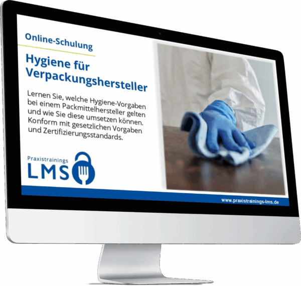 Monitor mit Schulung „Hygiene für Verpackungshersteller“ von Praxistrainings LMS, daneben eine Person mit blauen Handschuhen beim Reinigen einer Arbeitsfläche.