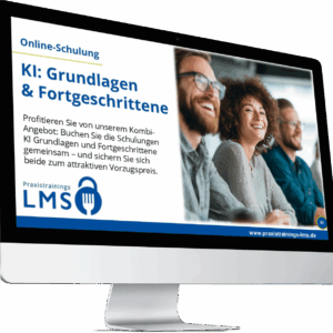 Monitor mit Kombi-Schulung „KI Grundlagen & Fortgeschrittene“ von Praxistrainings LMS, daneben lachende Teilnehmende im Seminar.