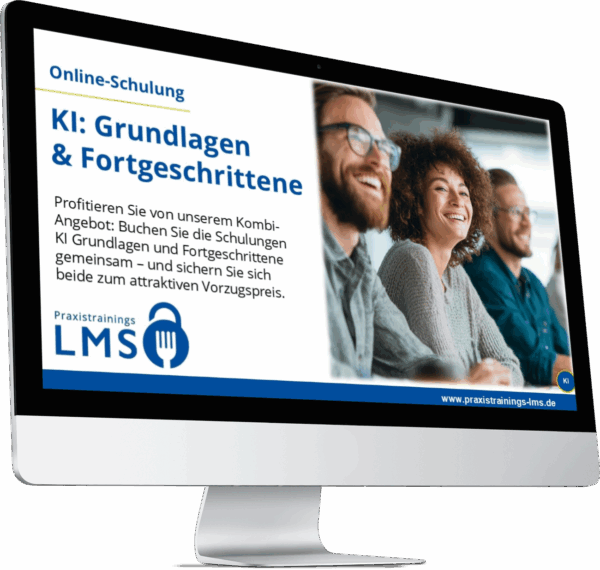 Monitor mit Kombi-Schulung „KI Grundlagen & Fortgeschrittene“ von Praxistrainings LMS, daneben lachende Teilnehmende im Seminar.