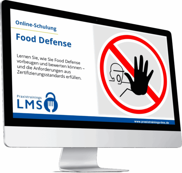 Монитор с тренингом «Защита пищевых продуктов» от Praxistrainings LMS, рядом с ним четкий предупреждающий символ с красным запрещающим знаком и рукой.