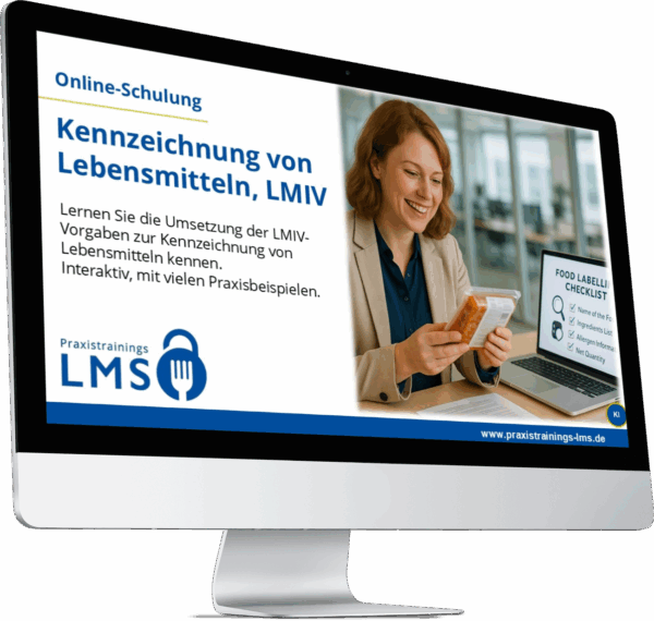 Teilnehmerin einer Online-Schulung zur Lebensmittelinformationsverordnung (LMIV). Sie hält ein Lebensmittelprodukt in der Hand und überprüft die Kennzeichnung anhand einer digitalen Checkliste.