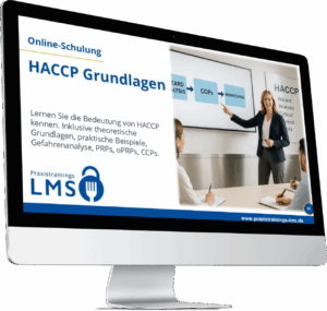 Monitor mit Schulung „HACCP Grundlagen“ von Praxistrainings LMS, daneben eine Dozentin zeigt auf eine Präsentation mit CCPs und Monitoring.