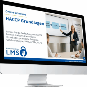 Monitor mit Schulung „HACCP Grundlagen“ von Praxistrainings LMS, daneben eine Dozentin zeigt auf eine Präsentation mit CCPs und Monitoring.