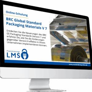 Monitor mit Schulung „BRC Global Standard Packaging Materials V7“ von Praxistrainings LMS, daneben eine Verpackungsmaschine mit Folienrolle.