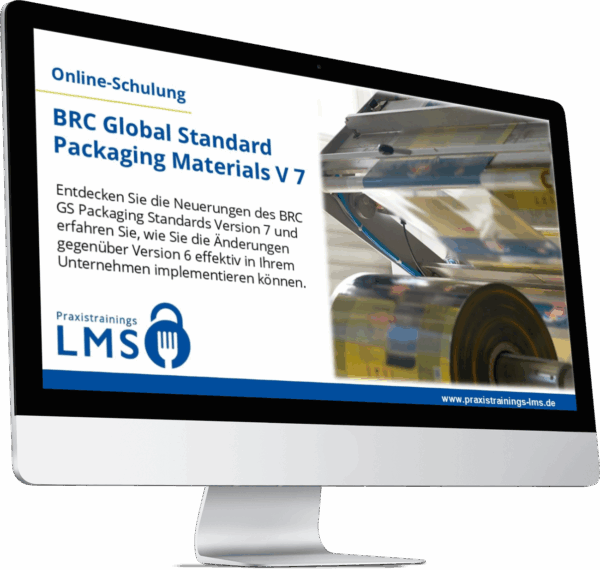 Monitor mit Schulung „BRC Global Standard Packaging Materials V7“ von Praxistrainings LMS, daneben eine Verpackungsmaschine mit Folienrolle.