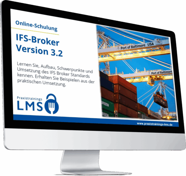 Monitor mit Online-Schulung „IFS Broker Version 3.2“ von Praxistrainings LMS, daneben ein Containerhafen mit Kränen und Containern.