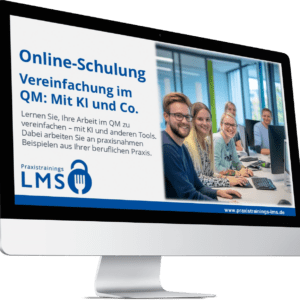 Lächelnde Frau zeigt nach oben. Text: '30 Sekunden für Lebensmittelsicherheit'. Logo von Praxistrainings LMS, Liste mit Infos zur LMIV. Website: www.Praxistrainings-LMS.de