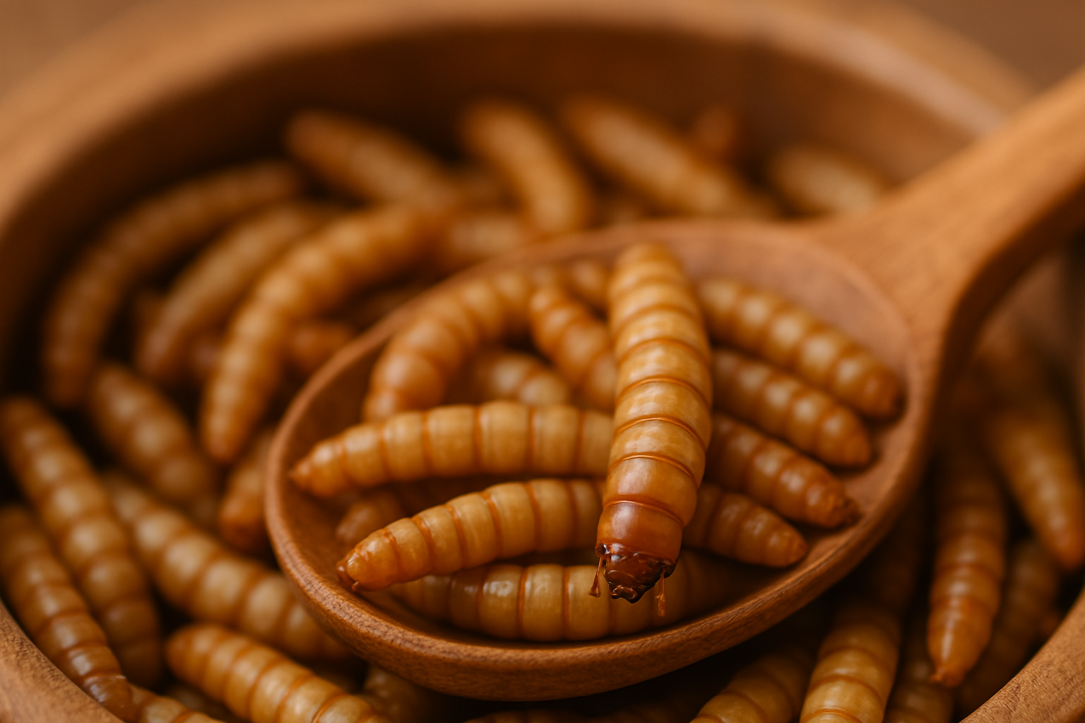 Nahaufnahme von essbaren Mehlwürmern in einer Holzschale mit Holzlöffel – nachhaltige Proteinquelle.