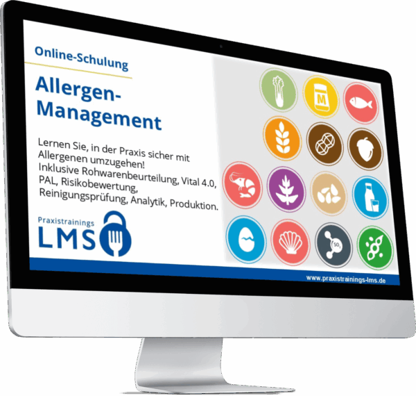 Monitor mit Anzeige der Online-Schulung „Allergen-Management“ von Praxistrainings LMS mit Icons typischer Lebensmittelallergene.