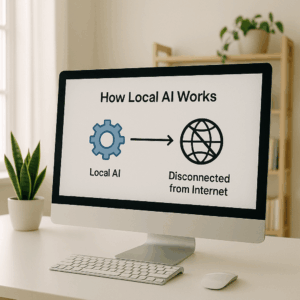 Computerbildschirm mit einem Diagramm, das die Funktionsweise lokaler KI veranschaulicht: getrennt vom Internet, dargestellt durch Symbolik für Zahnrad und Netzwerk.