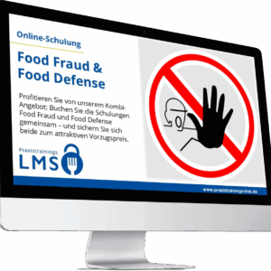 Computerbildschirm mit der Ankündigung der Online-Schulung „Food Defense“ von Praxistrainings LMS, daneben ein Warnsymbol zur Zutrittsverhinderung.