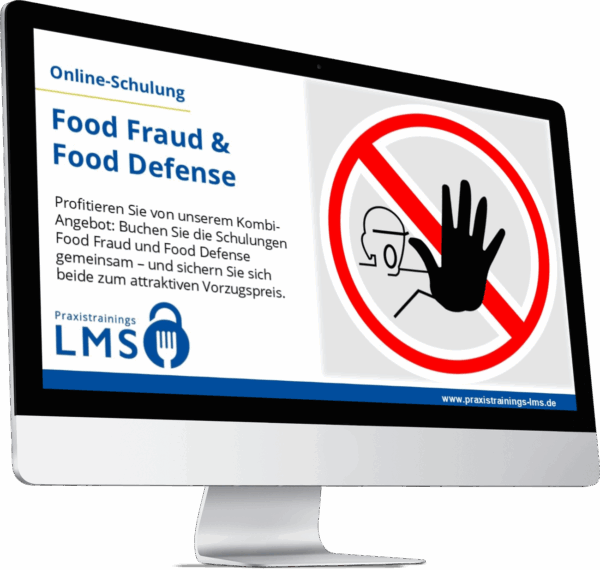 Computerbildschirm mit der Ankündigung der Online-Schulung „Food Defense“ von Praxistrainings LMS, daneben ein Warnsymbol zur Zutrittsverhinderung.