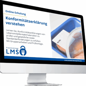 Monitor mit Schulung „Konformitätserklärung verstehen“ von Praxistrainings LMS, daneben eine verpackte Lachsportion mit Etikett unter einer Lupe.