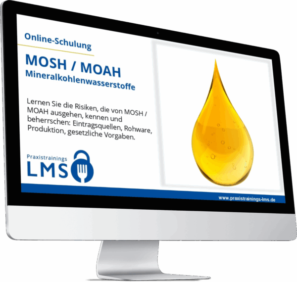 Online-Schulung zu MOSH / MOAH auf einem Monitor mit gelbem Tropfen als Symbol für Mineralölrückstände in Lebensmitteln.