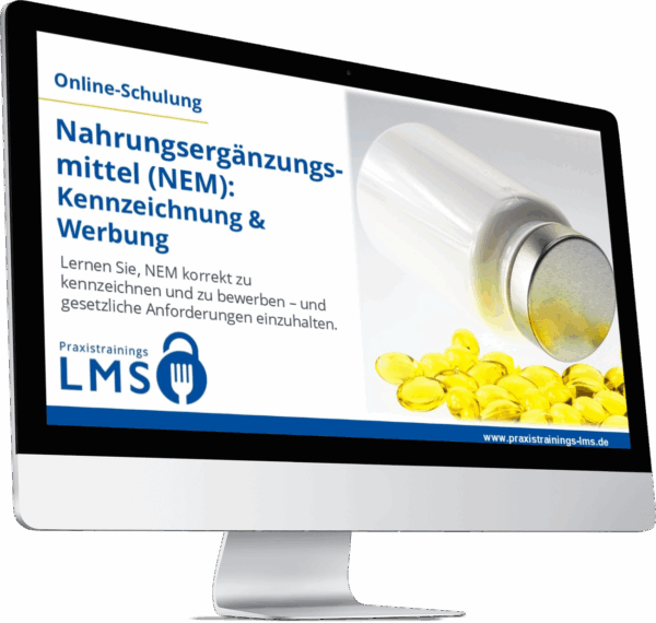 Monitor mit Schulung „Nahrungsergänzungsmittel (NEM): Kennzeichnung & Werbung“ von Praxistrainings LMS, daneben gelbe Kapseln und ein weißes Kunststoffdöschen.