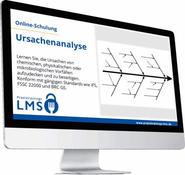 Monitor mit Schulung „Ursachenanalyse“ von Praxistrainings LMS, daneben eine Ishikawa-Diagramm-Grafik zur Darstellung von Fehlerursachen.