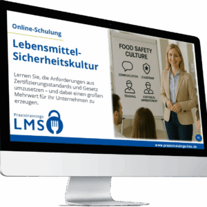 Monitor mit Schulung „Lebensmittelsicherheitskultur“ von Praxistrainings LMS, daneben eine Trainerin vor einem Flipchart mit Symbolen zu Kommunikation, Training, Führung und Verbesserung.