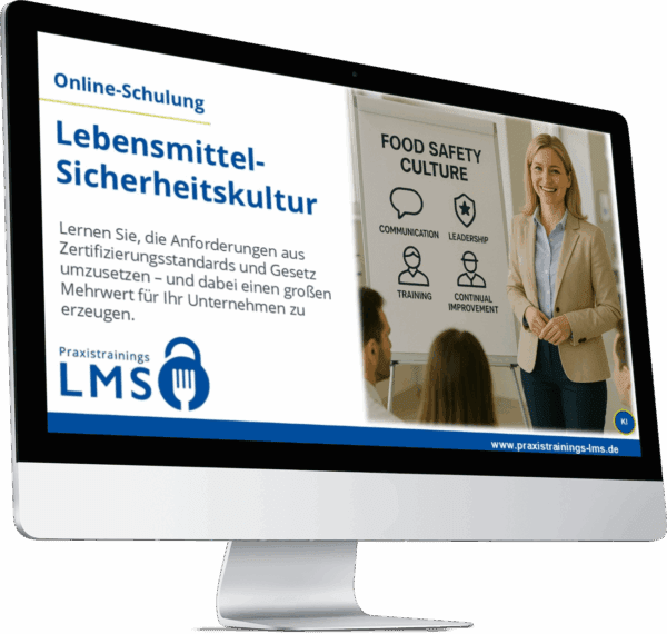 Monitor mit Schulung „Lebensmittelsicherheitskultur“ von Praxistrainings LMS, daneben eine Trainerin vor einem Flipchart mit Symbolen zu Kommunikation, Training, Führung und Verbesserung.