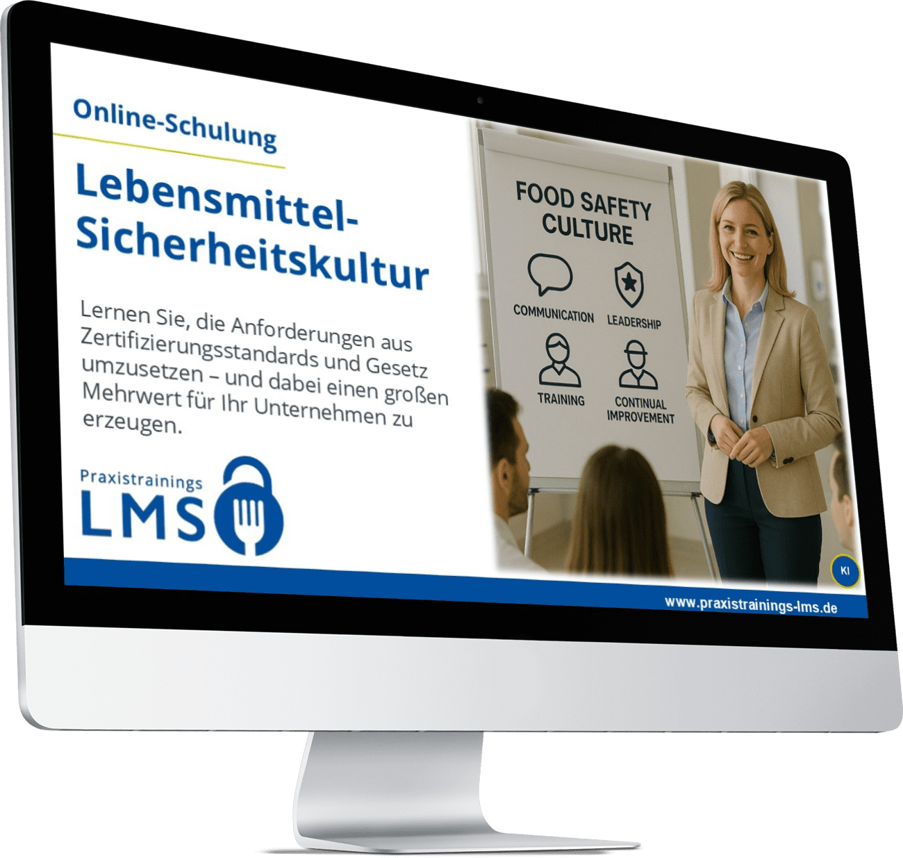 Monitor mit Schulung „Lebensmittelsicherheitskultur“ von Praxistrainings LMS, daneben eine Trainerin vor einem Flipchart mit Symbolen zu Kommunikation, Training, Führung und Verbesserung.