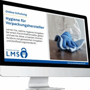 Monitor mit Schulung „Hygiene für Verpackungshersteller“ von Praxistrainings LMS, daneben eine Person mit blauen Handschuhen beim Reinigen einer Arbeitsfläche.