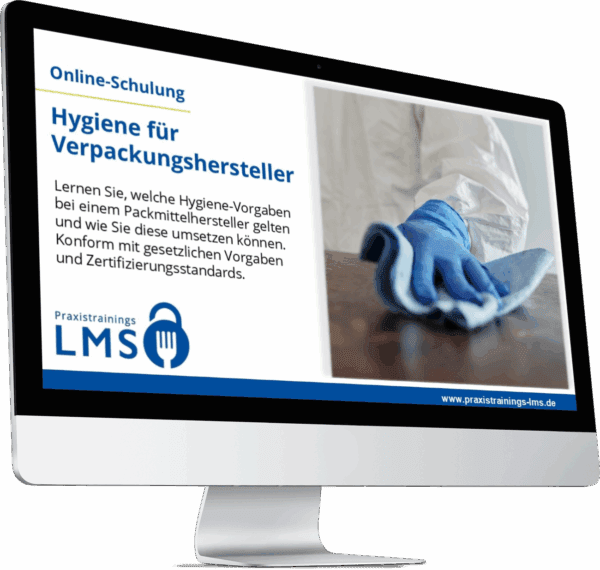 Monitor mit Schulung „Hygiene für Verpackungshersteller“ von Praxistrainings LMS, daneben eine Person mit blauen Handschuhen beim Reinigen einer Arbeitsfläche.