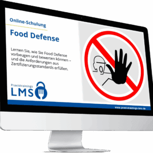 Monitor cu instruire „Food Defense” de la Praxistrainings LMS, lângă acesta un simbol de avertizare clar cu un semn de interdicție roșu și o mână.