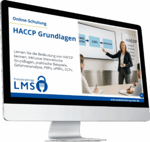 Monitor mit Schulung „HACCP Grundlagen“ von Praxistrainings LMS, daneben eine Dozentin zeigt auf eine Präsentation mit CCPs und Monitoring.
