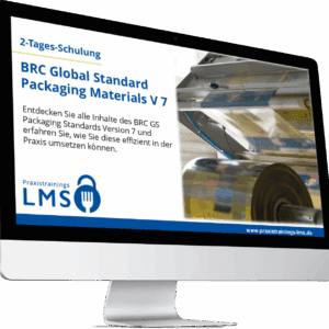 Computerbildschirm mit Werbung für eine 2-Tages-Schulung zum BRCGS Packaging Materials Standard Version 7 von Praxistrainings-LMS