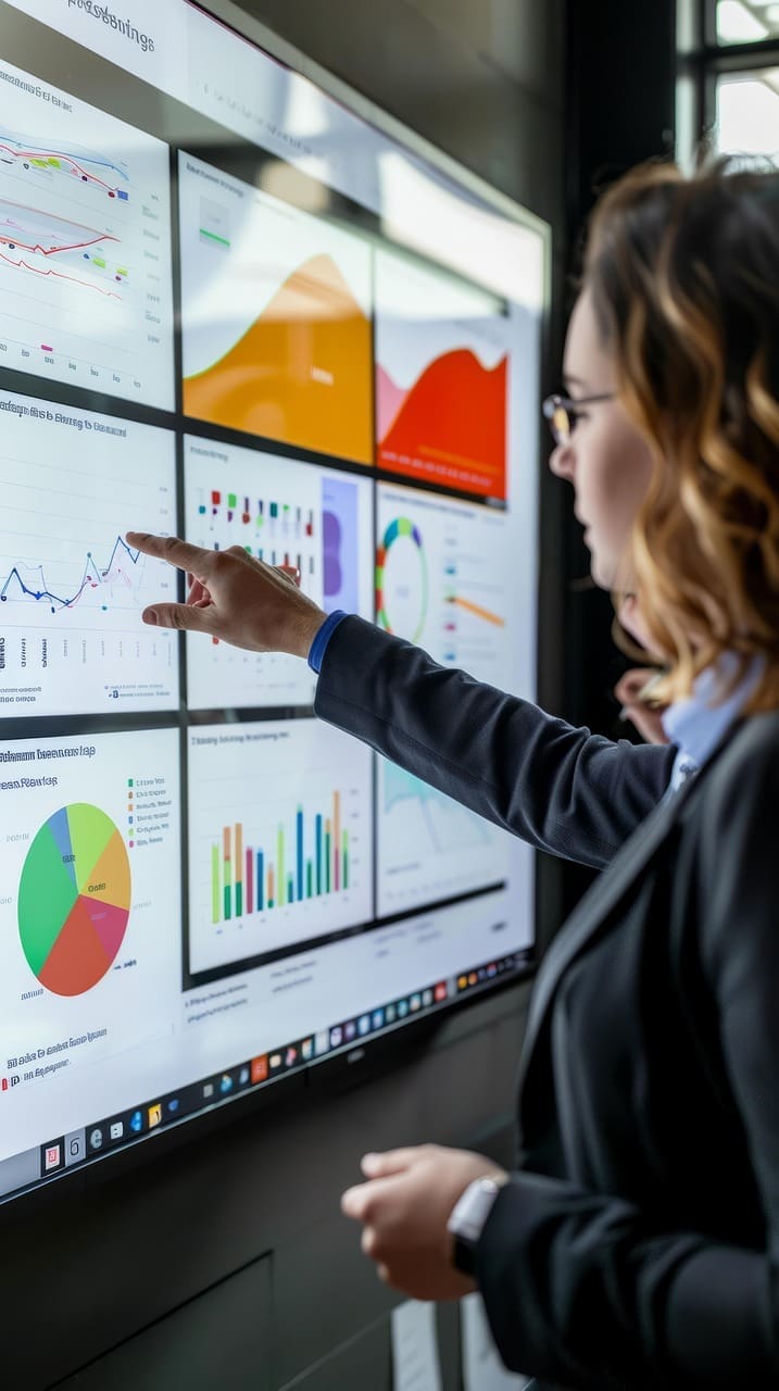 Frau in Business-Kleidung analysiert auf einem großen interaktiven Bildschirm Daten und Diagramme zur Ursachenanalyse