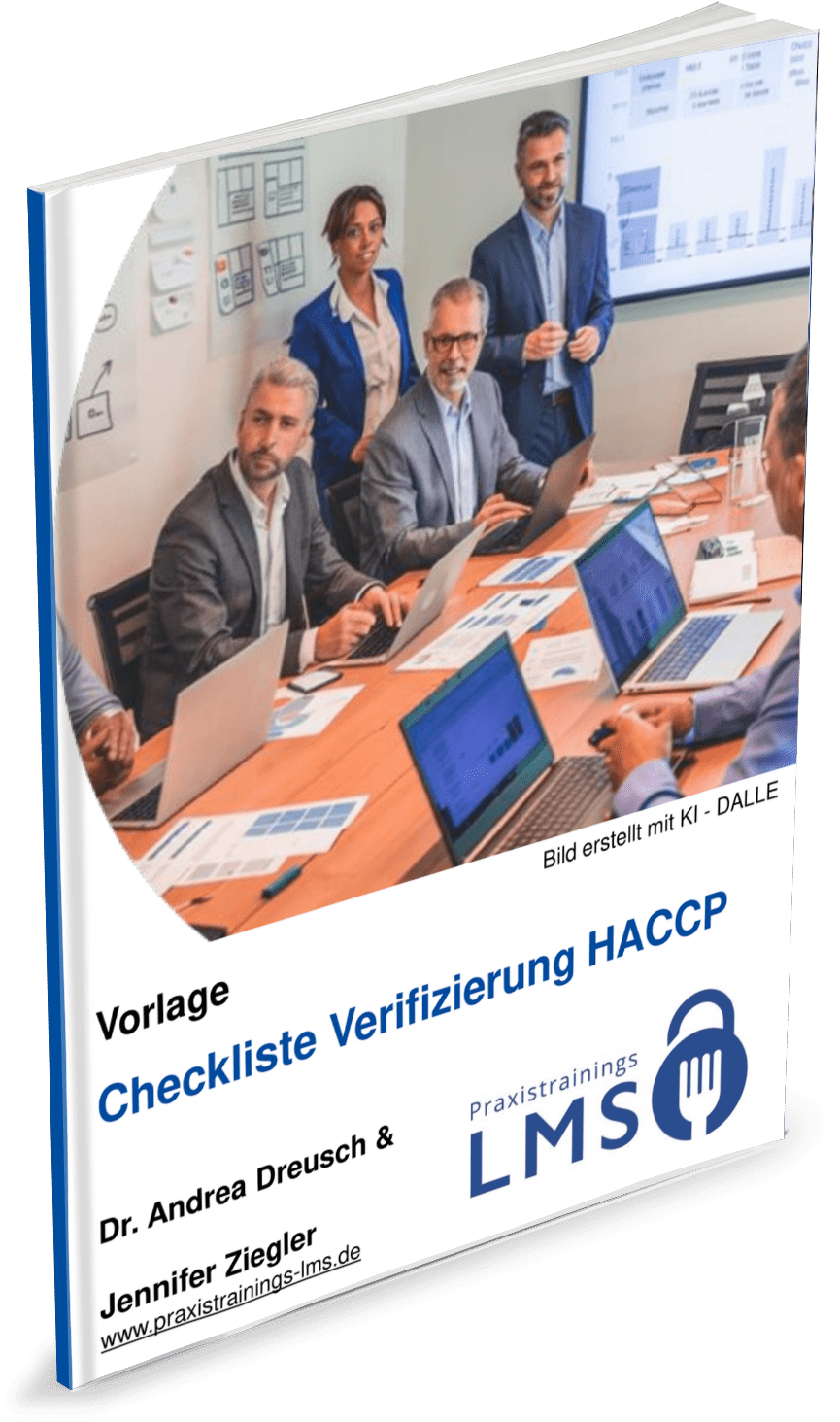 Visualisierung der Vorlage Checkliste HACCP Verifizierung – Besprechung im Team mit Laptops und Diagrammen im Hintergrund
