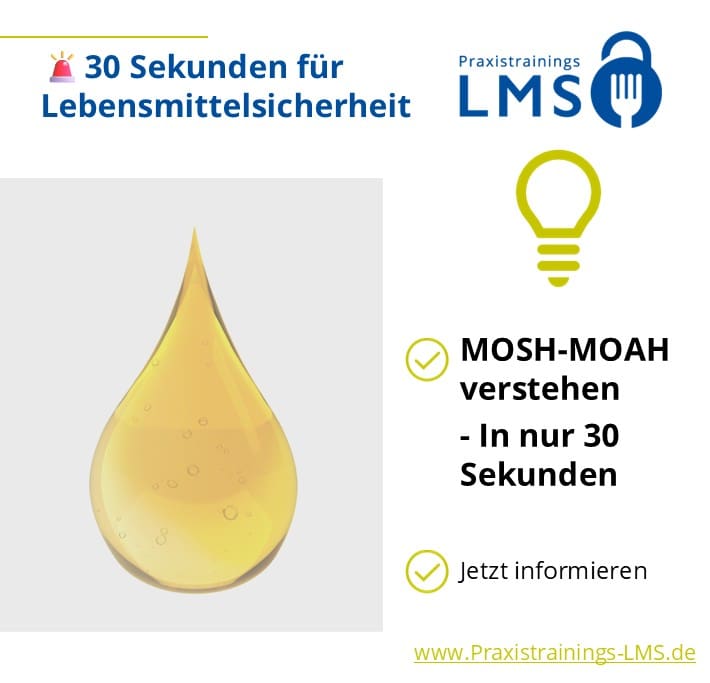 Infografik von Praxistrainings-LMS: In 30 Sekunden MOSH-MOAH verstehen – Lebensmittelsicherheitswissen kompakt vermittelt.