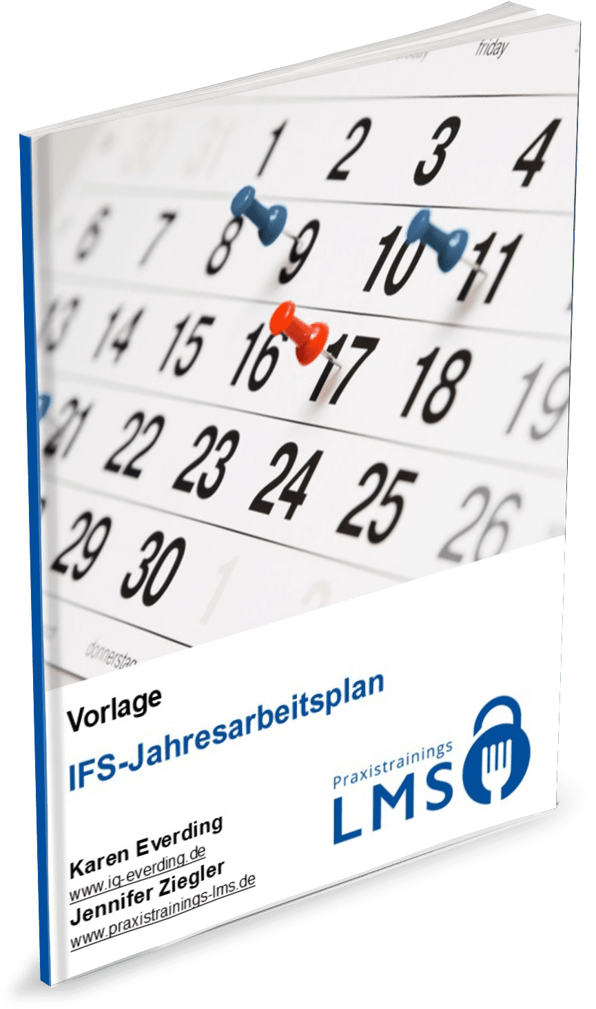 Cover der kostenlosen Vorlage „IFS-Jahresarbeitsplan“ von Praxistrainings-LMS – mit Kalenderdarstellung zur strukturierten Jahresplanung im IFS-Kontext.