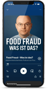 Podcast-Cover mit einem Mann in Hemd und Brille vor blauem Hintergrund, darunter der Titel „FOOD FRAUD – WAS IST DAS?“
