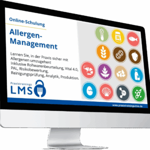 Monitor mit Anzeige der Online-Schulung „Allergen-Management“ von Praxistrainings LMS mit Icons typischer Lebensmittelallergene.