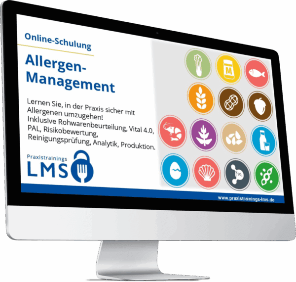 Monitor mit Anzeige der Online-Schulung „Allergen-Management“ von Praxistrainings LMS mit Icons typischer Lebensmittelallergene.