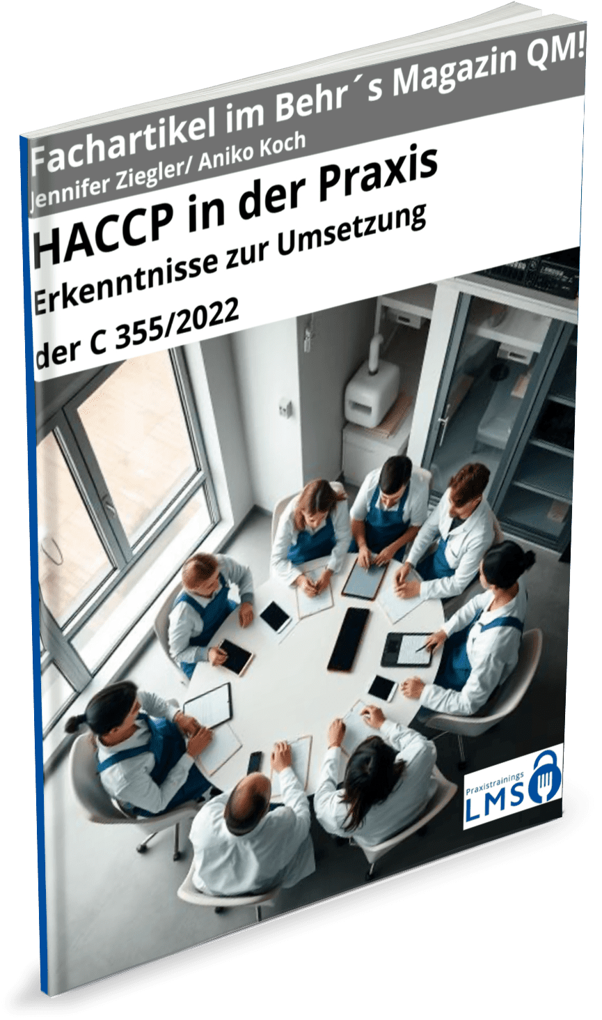 Cover des Fachartikels „HACCP in der Praxis – Umsetzung der C 355/2022“ mit Besprechung von HACCP-Team am Tisch