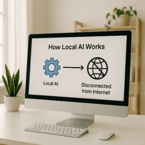 Computerbildschirm mit einem Diagramm, das die Funktionsweise lokaler KI veranschaulicht: getrennt vom Internet, dargestellt durch Symbolik für Zahnrad und Netzwerk.
