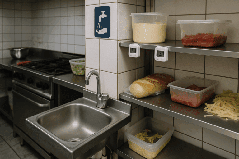 Kuhinja restorana s higijenskim nedostacima: prazan umivaonik za ruke bez sapuna, otvorena hrana bez etiketa i termometri s identičnim očitanjima.