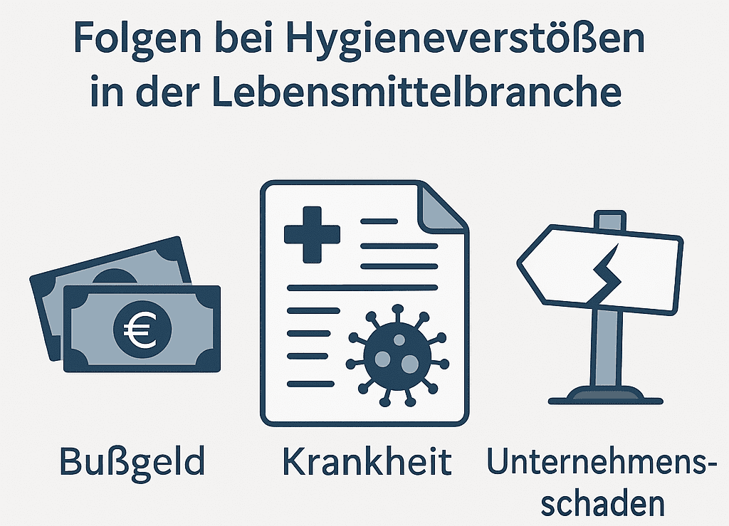 Infografik Folgen bei Hygieneverstößen in der Lebensmittelbranche: Bußgeld, Krankheit, Unternehmensschaden.