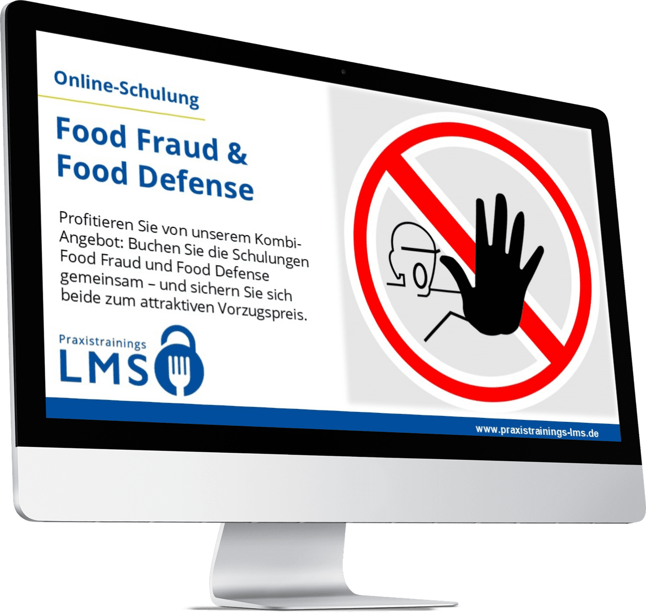 Computerbildschirm mit der Ankündigung der Online-Schulung „Food Defense“ von Praxistrainings LMS, daneben ein Warnsymbol zur Zutrittsverhinderung.