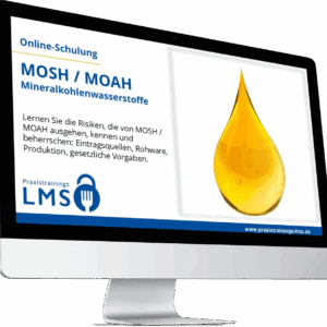 Online-Schulung zu MOSH / MOAH auf einem Monitor mit gelbem Tropfen als Symbol für Mineralölrückstände in Lebensmitteln.