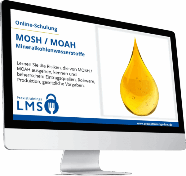 Online-Schulung zu MOSH / MOAH auf einem Monitor mit gelbem Tropfen als Symbol für Mineralölrückstände in Lebensmitteln.